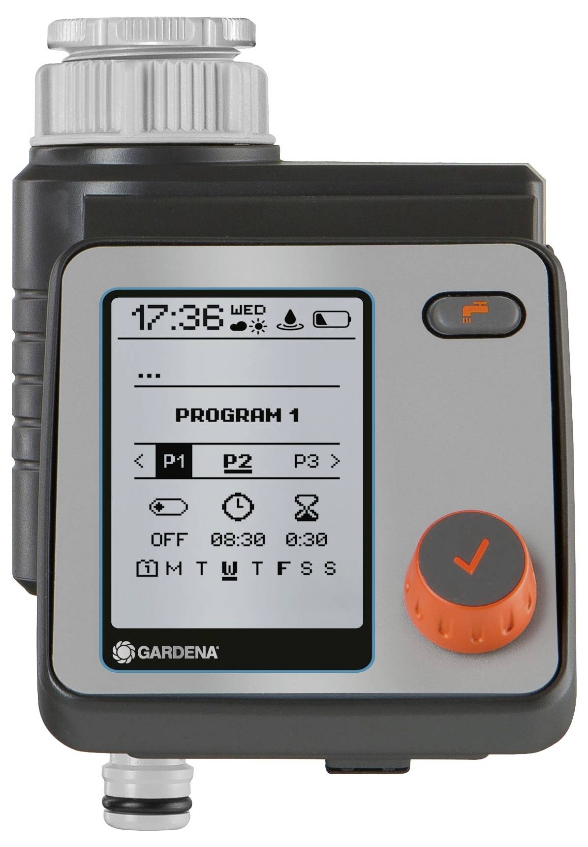 Bewässerungssteuerung mit digitalem Display zeigt Programme P1, P2 und P3. Aktives Programm P2, startet um 08:30 Uhr. Großer roter Drehknopf.
