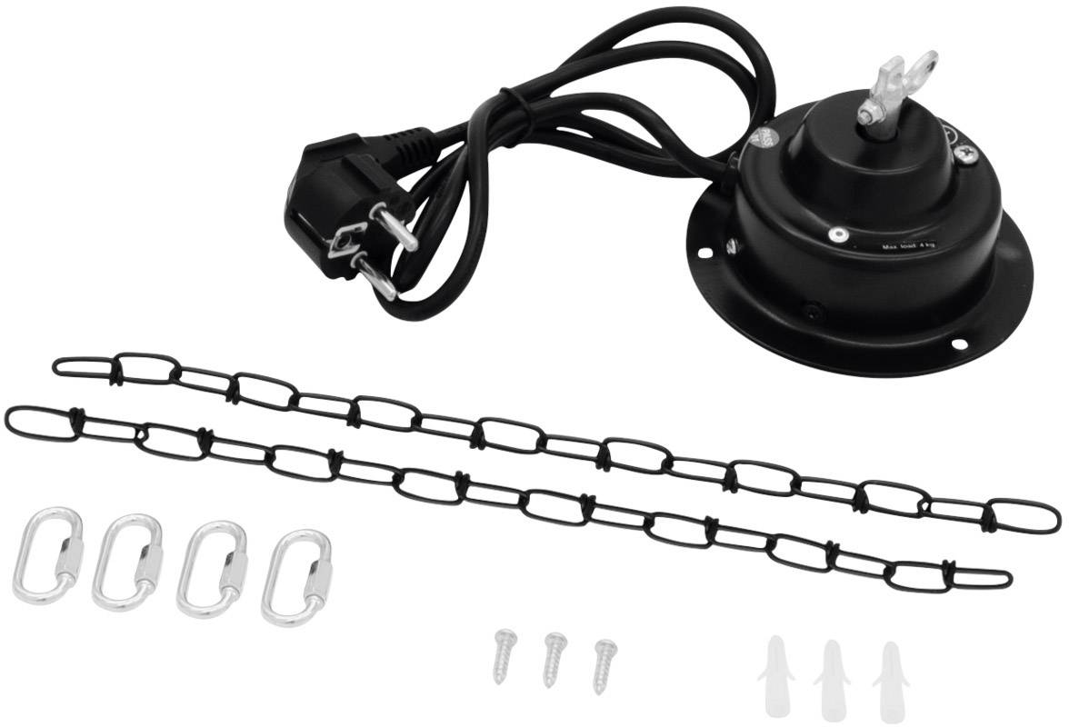 Deckenaufhängung mit Kette, Schrauben und Dübeln, ideal zur Befestigung von Leuchten oder anderen Hängevorrichtungen.