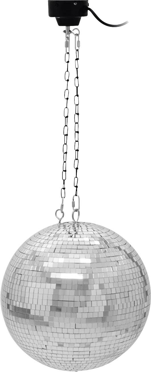 Silberne Discokugel hängt an Kette, reflektiert Licht und sorgt für Partystimmung.
