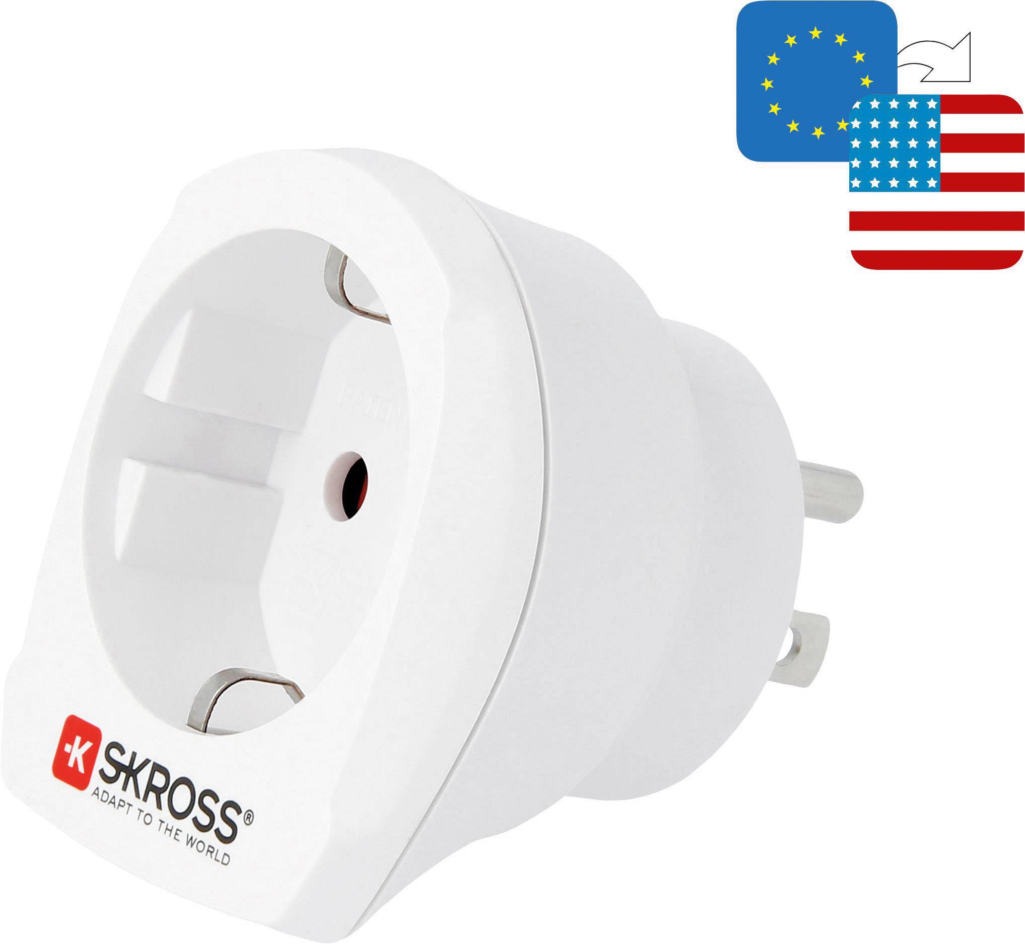 Reiseadapter mit europäischem und amerikanischem Steckdosen-Stecker, Marke SKROSS. Geeignet für internationale Reisen.