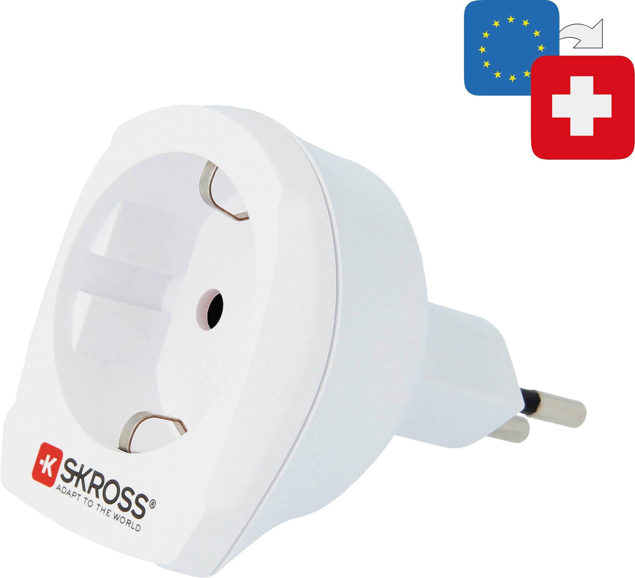 Ein weißer Reiseadapter von SKROSS für EU- und Schweizer Steckdosen, mit EU-Flagge und Schweizer Kreuz-Symbol oben rechts.