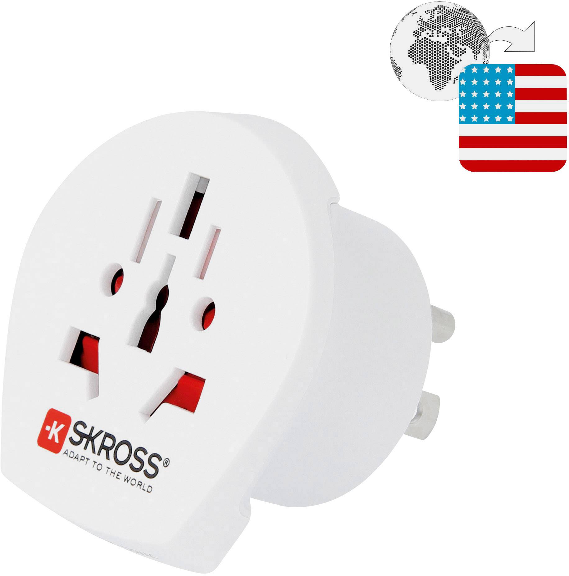 Weißer Reiseadapter von SKROSS für US-Stecker, geeignet zur Verwendung in internationalen Steckdosen. Flaggen der USA und Weltkugel abgebildet.