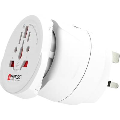 Weißer Reiseadapter von SKROSS mit mehreren Steckertypen, geeignet für internationale Steckdosen.