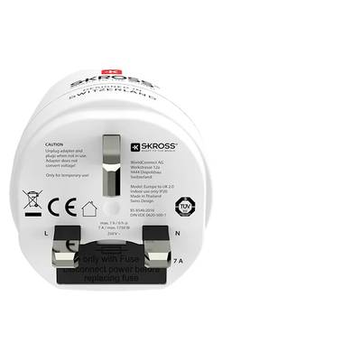 Adapter mit Aufdruck: 'SKROSS', konzipiert für Europa-UK-Verbindung. Technische Spezifikationen und Sicherheitshinweise sind sichtbar.