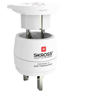 Reisesteckeradapter in weißer Farbe, Marke SKROSS. Designed in Switzerland. Verwendbar für internationale Steckdosenanschlüsse.