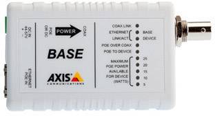 Ein weißes Axis-Kommunikationsgerät mit mehreren Anschlüssen, darunter Coax Link und Ethernet. Es zeigt Leistungsbegrenzungen in Watt an.
