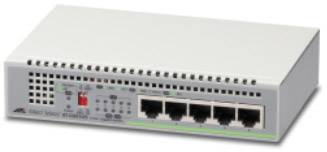 Ein grauer Netzwerk-Switch mit fünf Ethernet-Ports und LED-Anzeigen auf der Vorderseite.