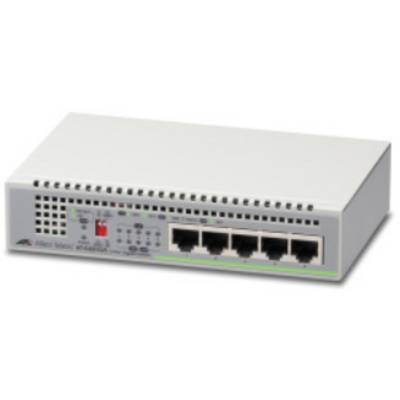 Ein grauer Netzwerk-Switch mit fünf Ethernet-Ports und LED-Anzeigen auf der Vorderseite.
