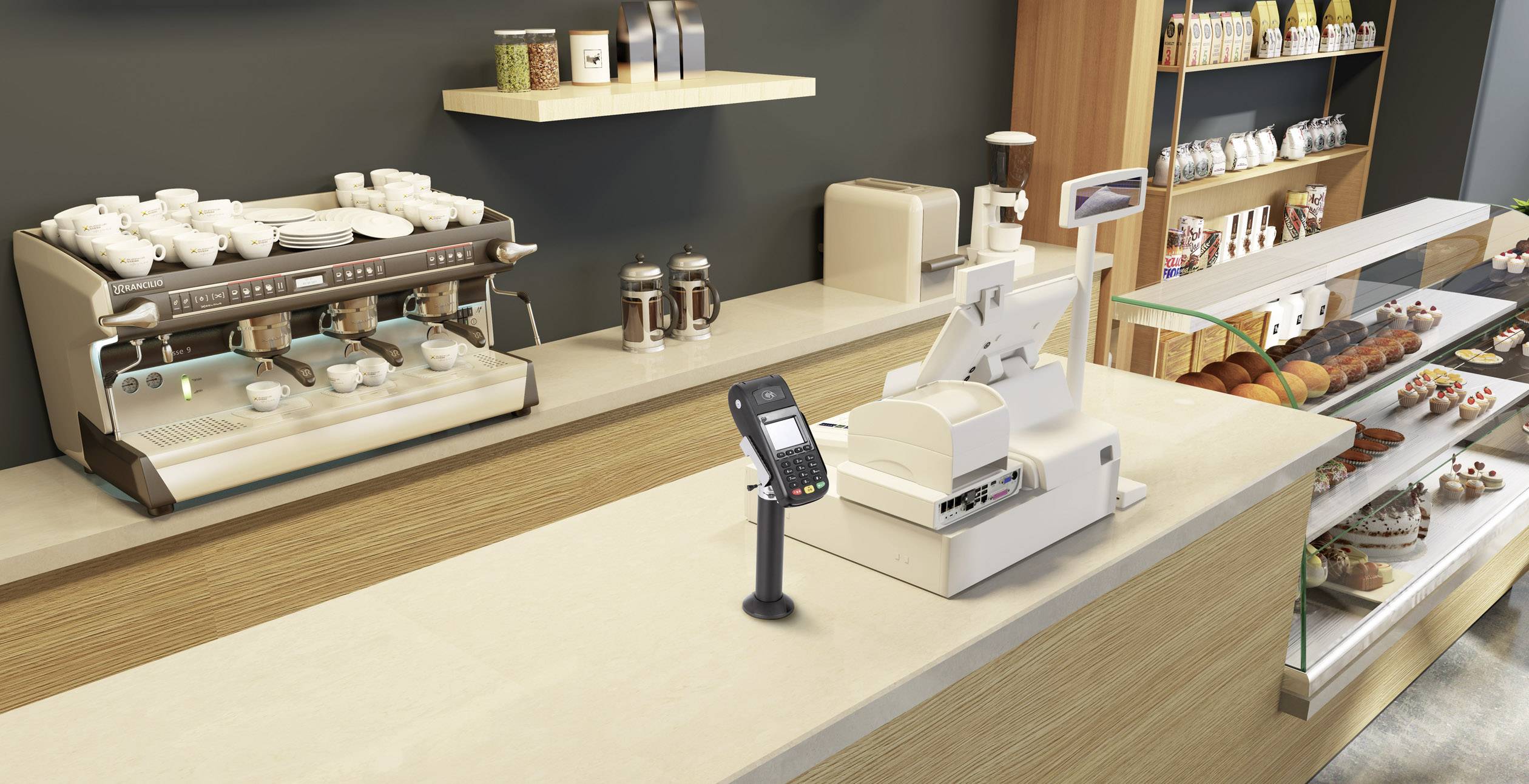 Moderne Registrierkasse mit Bezahlterminal und Kaffeemaschine auf der Theke in einem Café.