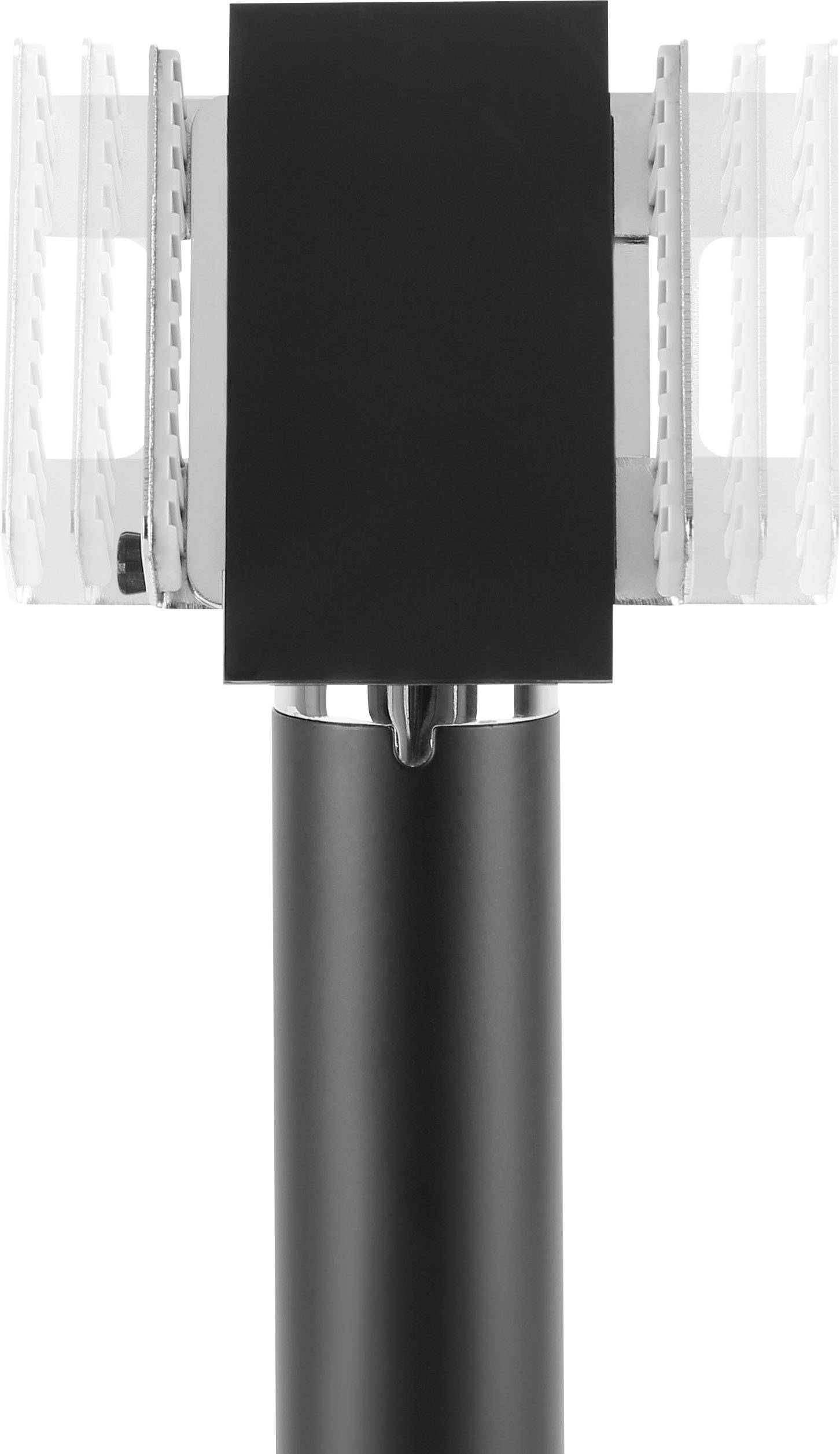 Schwarz-silberne moderne Stehlampe mit rechteckigem Lampenschirm.