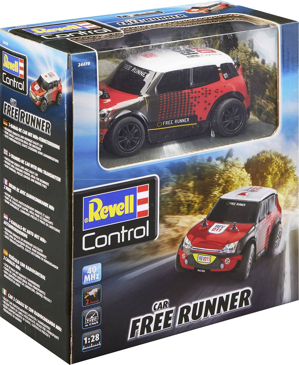 Ferngesteuertes Mini-Auto-Set von Revell auf der Verpackung. Rotes und weißes Renndesign. Details über 40 MHz Funksteuerung.