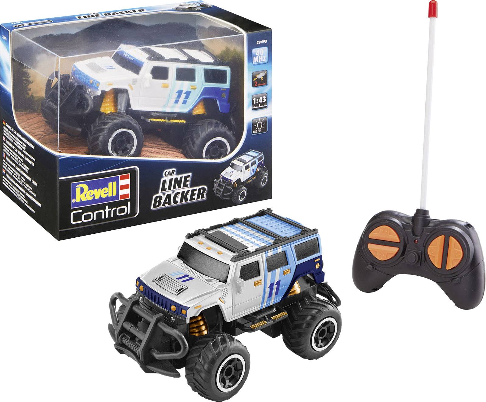 Fernsteuerbares Spielzeugauto im Offroad-Stil mit großen Rädern und weiß-blauem Design. Verpackung und Controller enthalten.