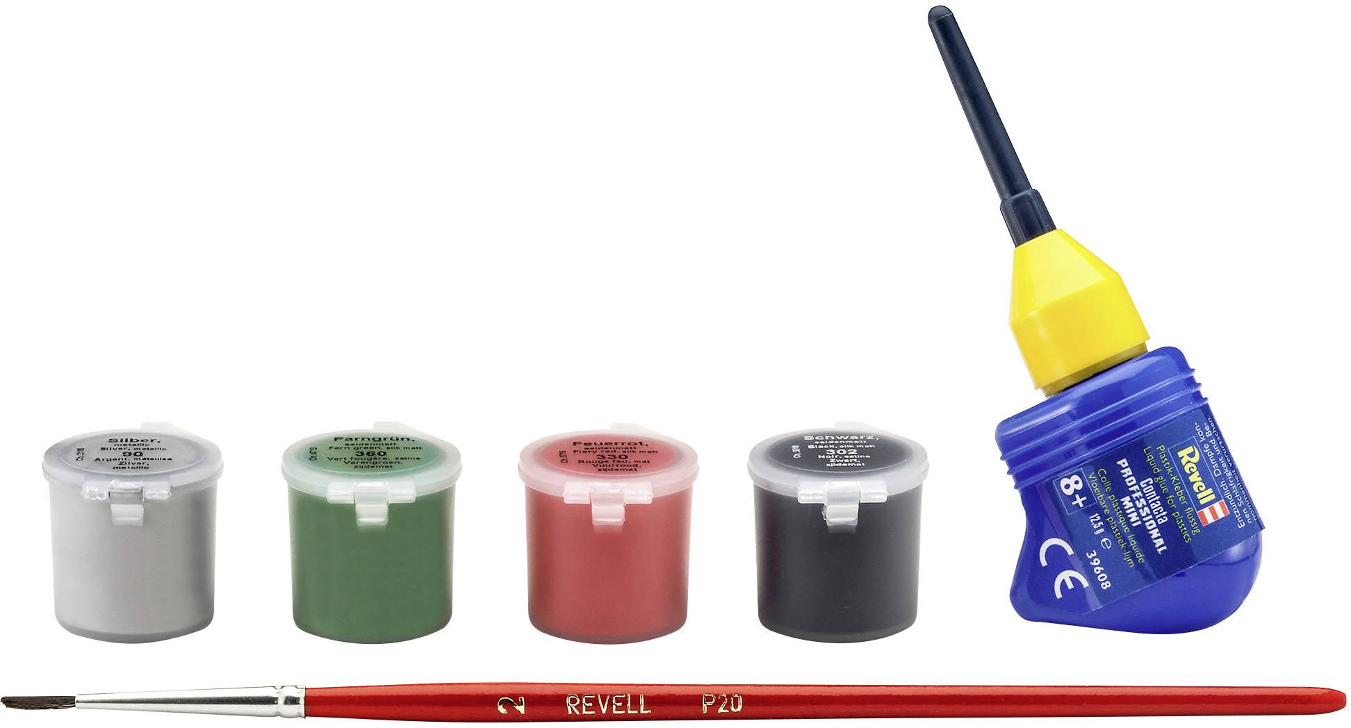 Vier Farbdosen in Grau, Grün, Rot und Schwarz, daneben Kleber und ein roter Pinsel; Modellequipment-Set für Bastelarbeiten.