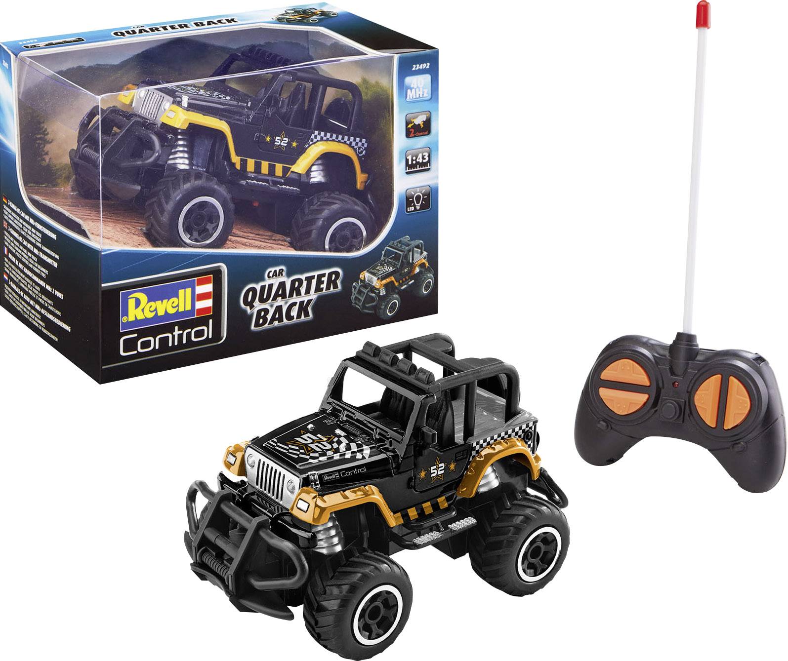 Spielzeugauto mit Fernsteuerung. Verpackung zeigt ein Miniatur-Offroad-Fahrzeug im Maßstab 1:43. Modell 'Quarter Back'.