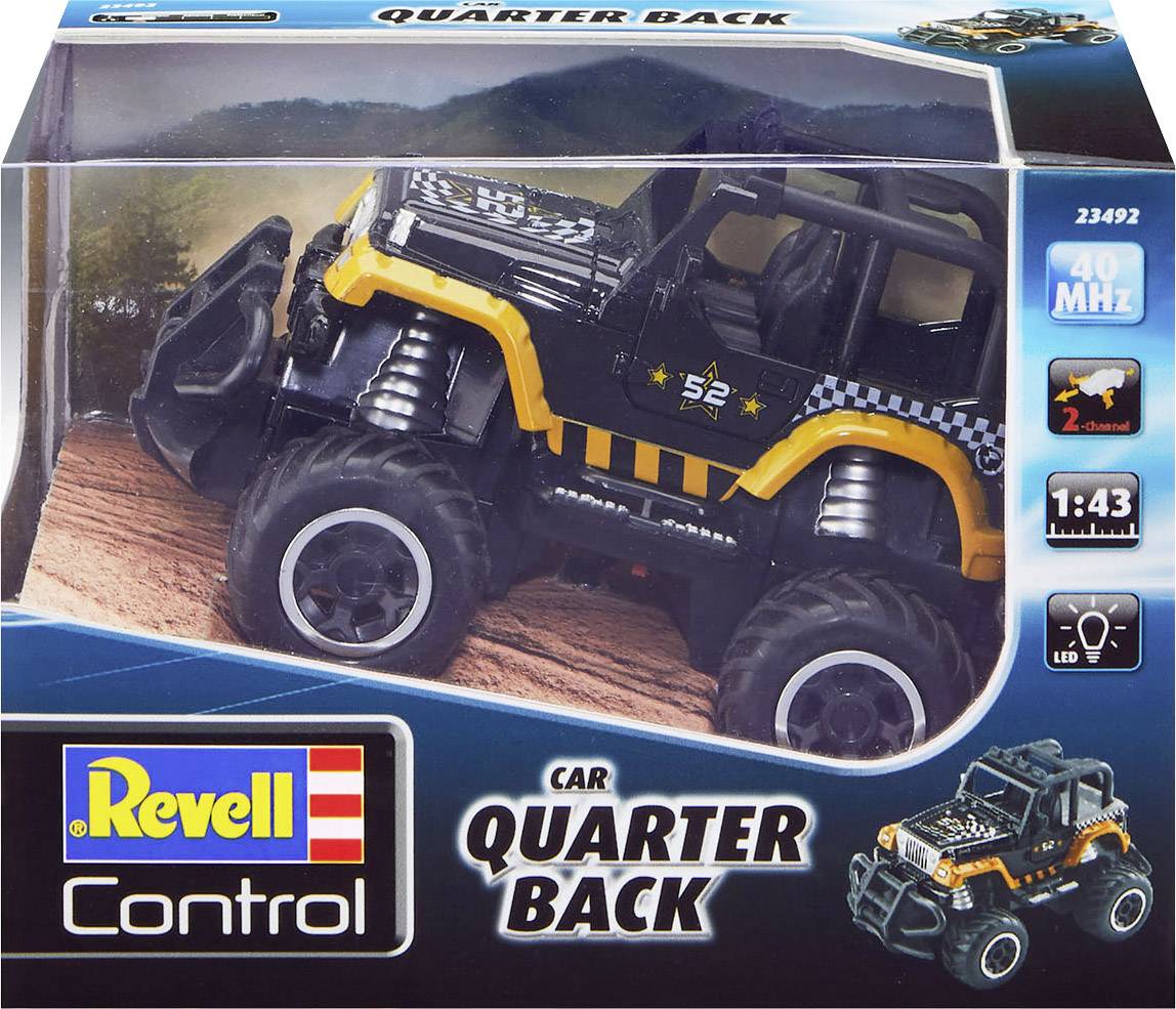 'Revell Control' RC-Auto-Verpackung mit einem Off-Road-Wagen 'Quarter Back', maßstabgetreu 1:43, 40 MHz. Enthält Batterien.