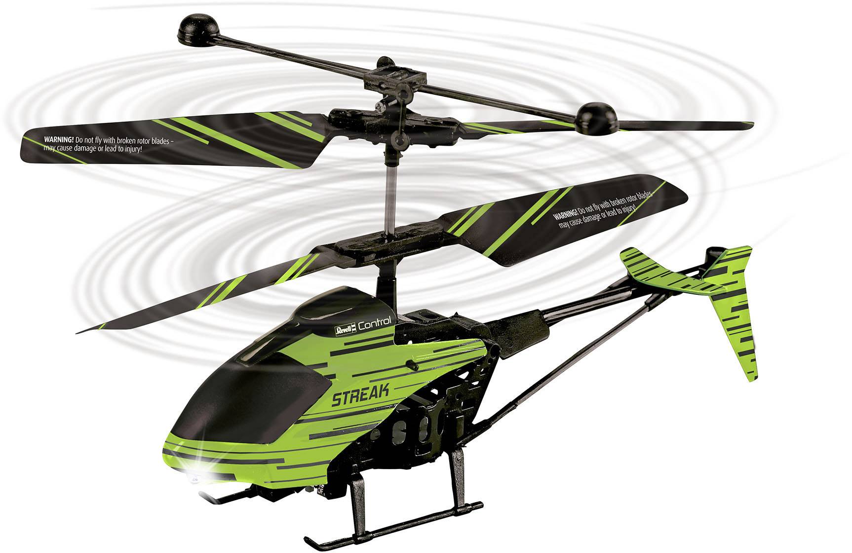 Ein grüner ferngesteuerter Spielzeughubschrauber mit schwarzen Streifen, schwebend mit rotierenden Rotorblättern, in einem dynamischen Flug.