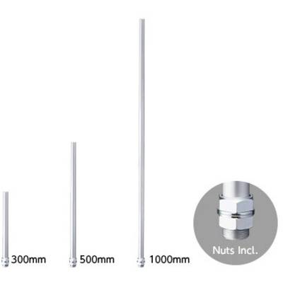 Drei verchromte Rohre in verschiedenen Längen: 300 mm, 500 mm, 1000 mm. Ein Kreis zeigt eine Nahaufnahme der enthaltenen Muttern.