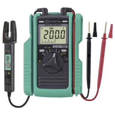 Digitales Multimeter mit grünem Schutzgehäuse, Messleitungen und Stromzangensensor; das Display zeigt 200,0 an und das Einstellrad ist mittig auf der Frontplatte positioniert.