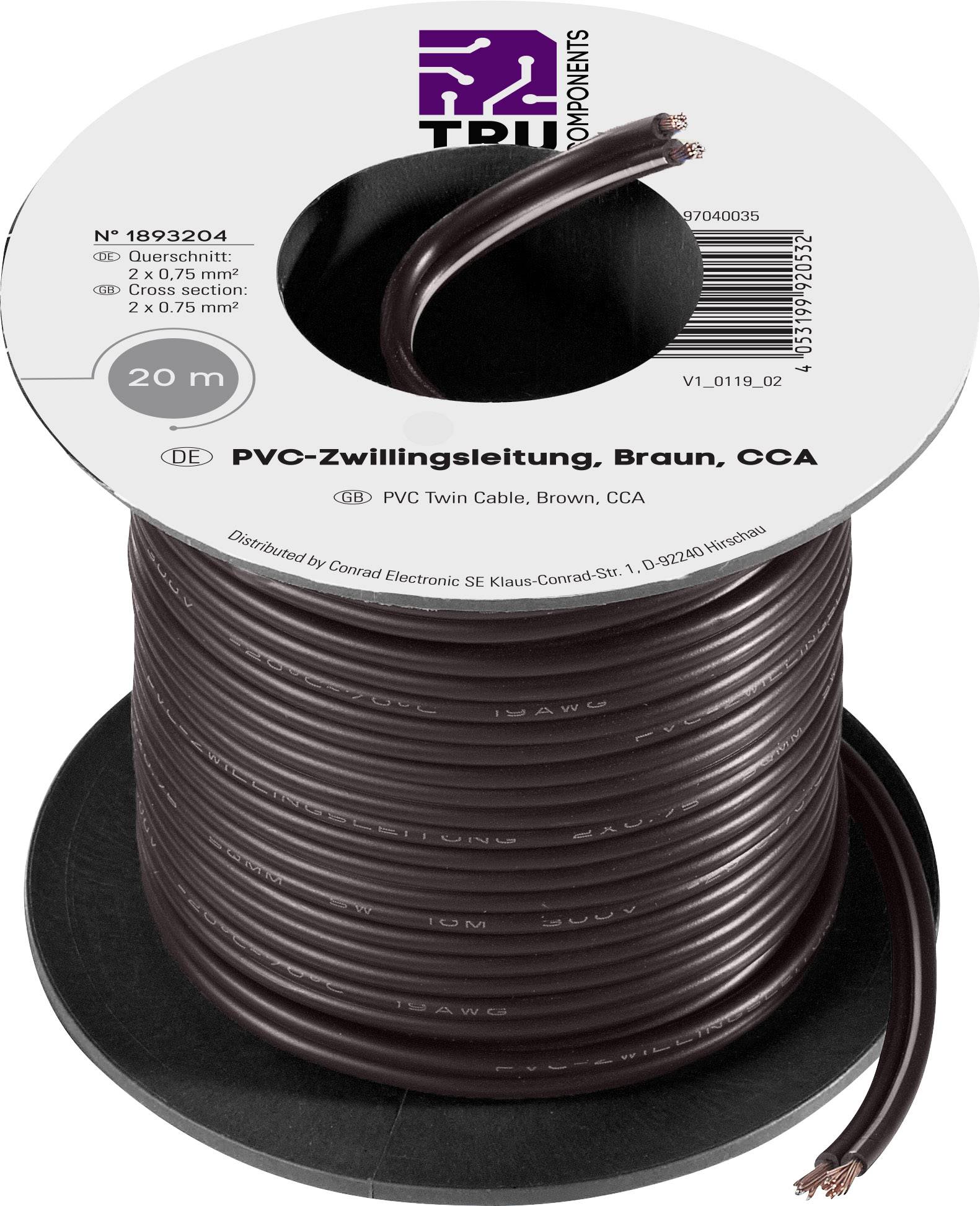 TRU COMPONENTS 1570890 Tråd 2 x 0.75 mm² Sort 20 m