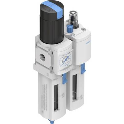 Ein Druckluft-Wartungsgerät mit Manometer und Druckregler verbindet zwei Module; ein Zylinder mit blauem Hebel und schwarzer Kappe.