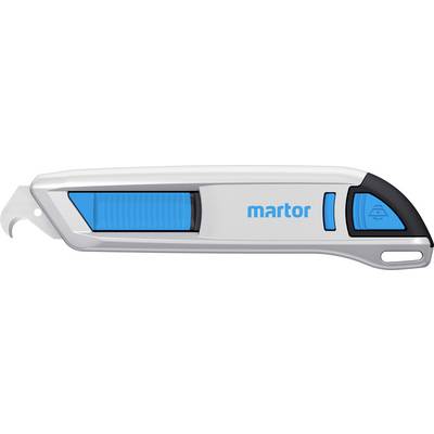 Ein silbernes Sicherheitsmesser mit einem blauen Schiebemechanismus und der Aufschrift 'martor' in Blau auf der Klinge.