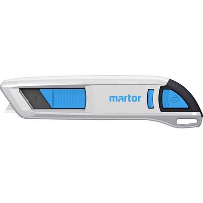 Silber-blauer Sicherheitsmesser mit ergonomischem Griff und sichtbarer Klinge.