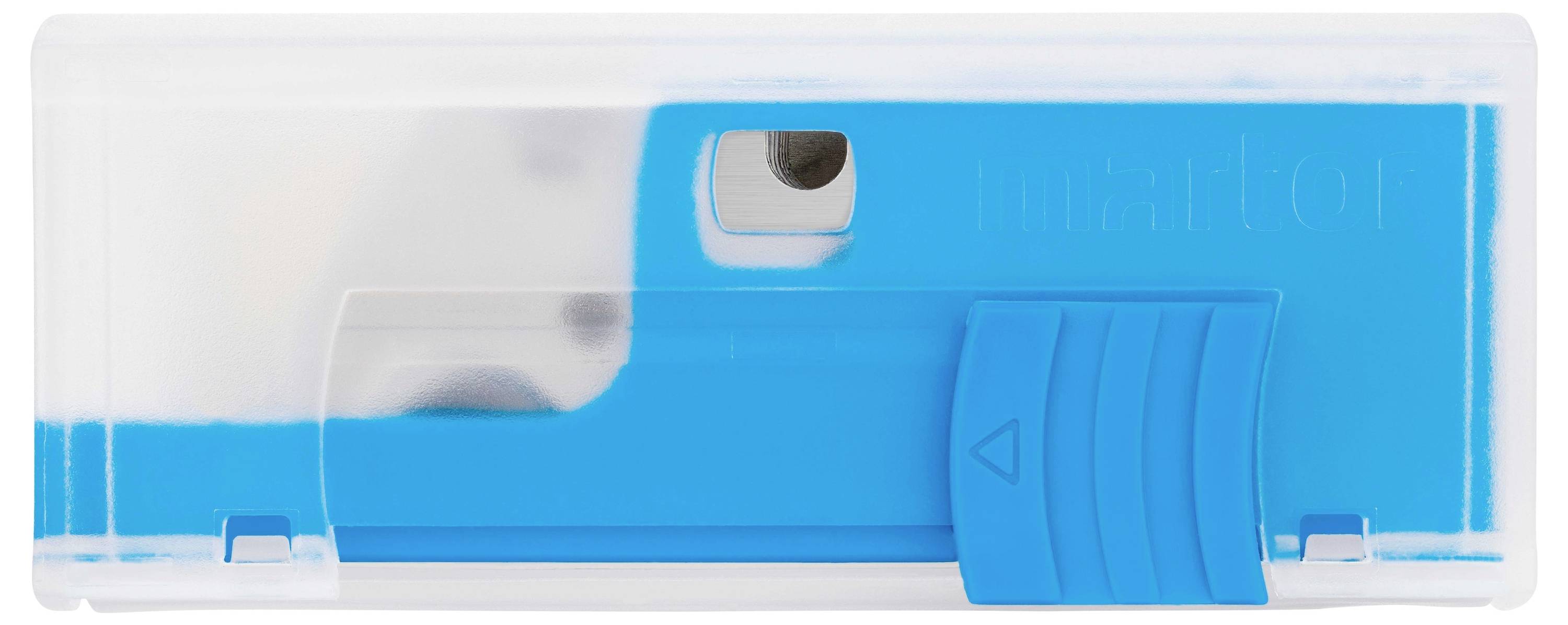 Ein blau-weißes Kunststoffgehäuse mit Schiebemechanismus, wahrscheinlich für die Aufbewahrung oder Schutz von kleinen Gegenständen.