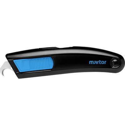 Schwarzer Sicherheitsmesser mit blauem Griffstück, Markenname 'martor' darauf. Rückziehbare Klinge zur sicheren Handhabung.