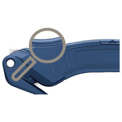 Nahaufnahme eines blauen Klappmessergriffs mit einer Lupe, die auf Details der Textur und Form des Griffs hinweist.