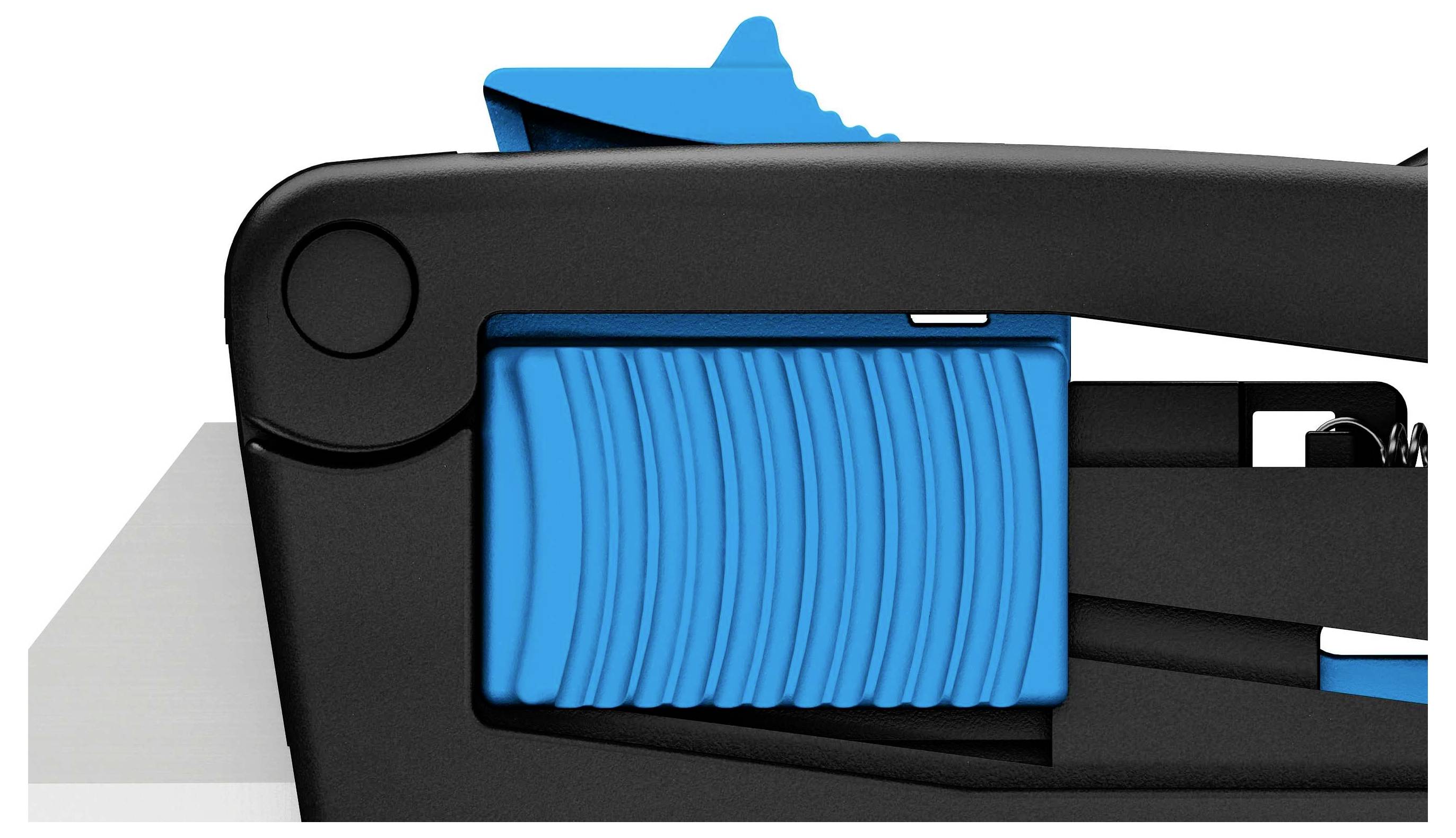 Schwarzer, seitlicher Stempelschneider mit blauer Rändelschraube auf einem weißen Hintergrund.