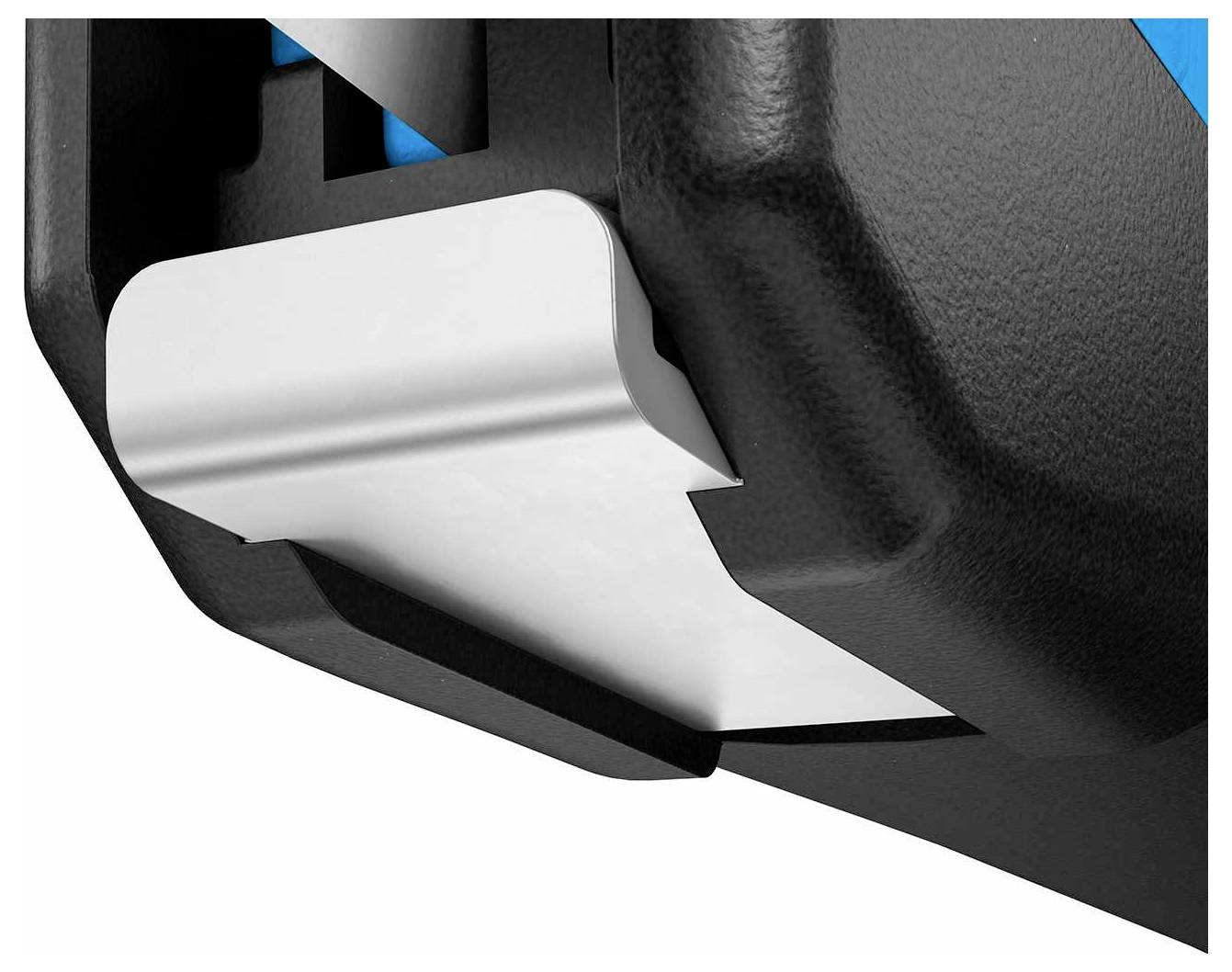 Ein schwarzes Gerät mit einem weißen Hebel. Der Hebel ist teilweise eingedrückt. Das Gerät hat blaue und schwarze Elemente.