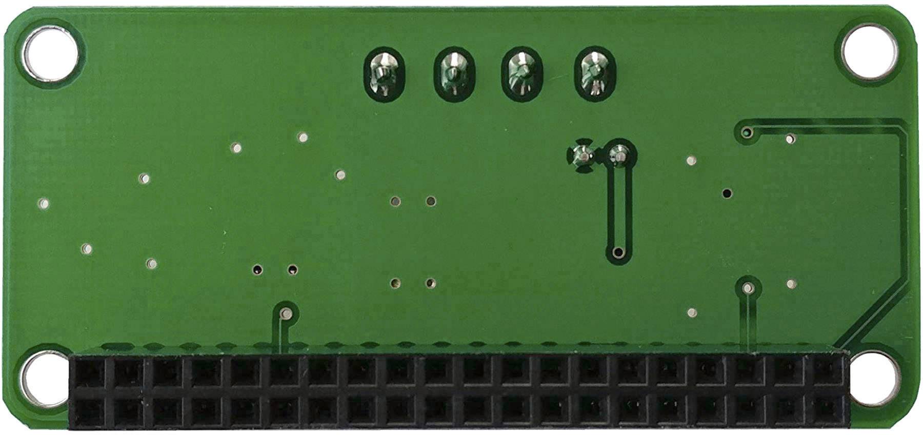 Grüne elektronische Leiterplatte mit schwarzen Steckverbindern unten und mehreren Kontakten in der Mitte.