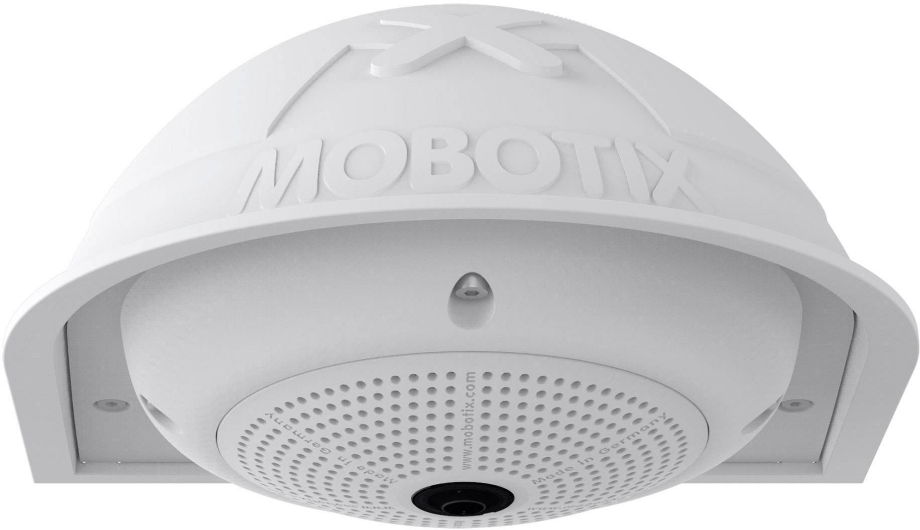 Eine weiße, halbrunde Kamera mit der Aufschrift 'MOBOTIX'. Sie scheint für Überwachungszwecke konzipiert zu sein.