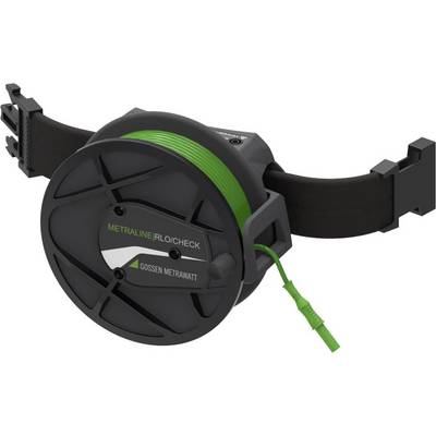 Elektrisches Prüfgerät mit schwarzem Gehäuse und grüner Kabelrolle, beschriftet mit 'METRALINE RLO-CHECK'.