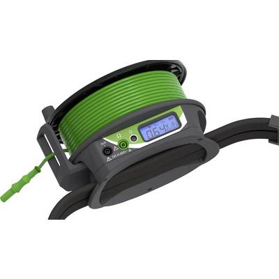Grüne Kabelrolle mit Digitalanzeige auf 65,4 Metern. Enthält Symbole für Spannung und andere technische Spezifikationen.