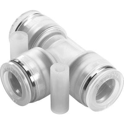 Weißes T-Stück-Verbindungsstück aus Kunststoff mit metallischen Ringen, oft für pneumatische oder hydraulische Systeme verwendet.