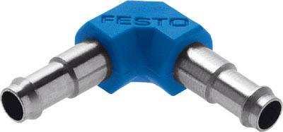 Ein blauer Kunststoffwinkel mit der Aufschrift 'FESTO', an dem zwei silberne Metallanschlüsse angebracht sind, bildet eine Y-Form.