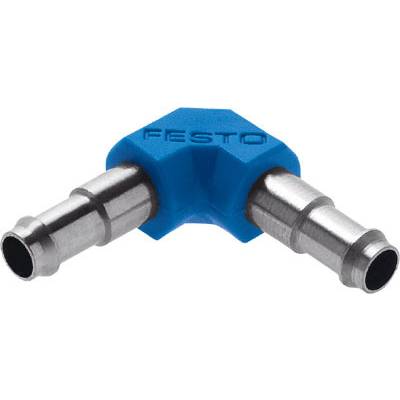 Ein blauer Kunststoffwinkel mit der Aufschrift 'FESTO', an dem zwei silberne Metallanschlüsse angebracht sind, bildet eine Y-Form.