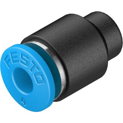 Schwarzes und blaues Steckverbinder-Bauteil von Festo, zylindrische Form, wird in pneumatischen Systemen verwendet.