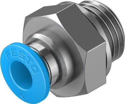 Metall-Pneumatikstecker mit blauem Kunststoffverschluss, verwendet zur Verbindung von Schläuchen in Druckluftsystemen.