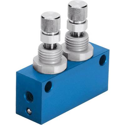 Ein blaues, rechteckiges Ventil mit zwei silbernen Verschlüssen, das in hydraulischen oder pneumatischen Systemen verwendet wird.
