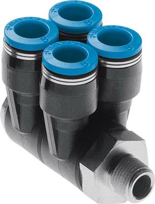 Schlauchanschluss mit vier blauen Lufteinlässen. Geeignet für Druckluftanwendungen in industriellen Systemen.