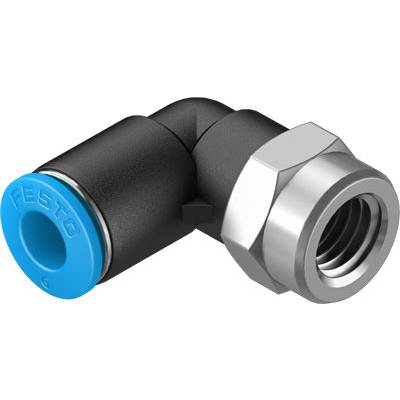 Ein schwarzes und silbernes Winkelverschraubungsteil mit einem blauen Endstück, das für die Verbindung von Schläuchen in pneumatischen Systemen verwendet wird.
