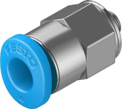 Ein silberner Festo-Pneumatik-Fitting mit blauer Dichtung. Der Fitting dient zur Verbindung von Schläuchen in pneumatischen Systemen.