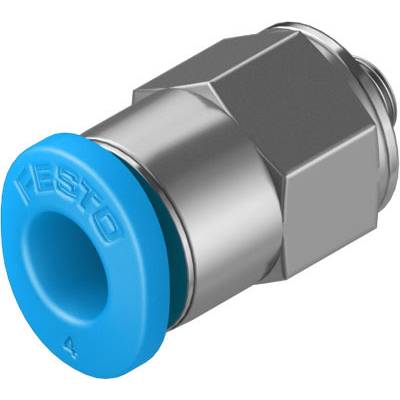 Ein silberner Festo-Pneumatik-Fitting mit blauer Dichtung. Der Fitting dient zur Verbindung von Schläuchen in pneumatischen Systemen.