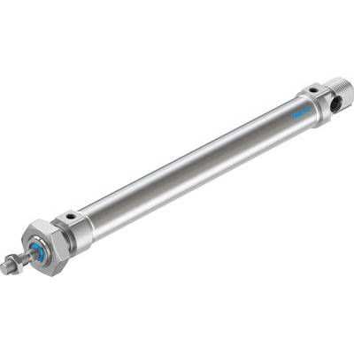 Ein langer, zylindrischer Pneumatikzylinder aus Metall mit Beschriftung an der Seite.