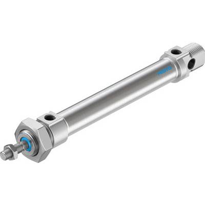 Ein einfacher, zylindrischer Pneumatikzylinder aus Metall mit blauen Akzenten und Schraubanschluss, seitlich liegender Firmenaufdruck.