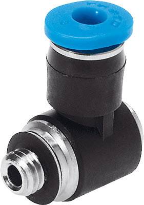 Ein schwarzer und silberner Winkel-Steckverbinder mit einer blauen Kappe, verwendet zur Verbindung von Rohrleitungen.