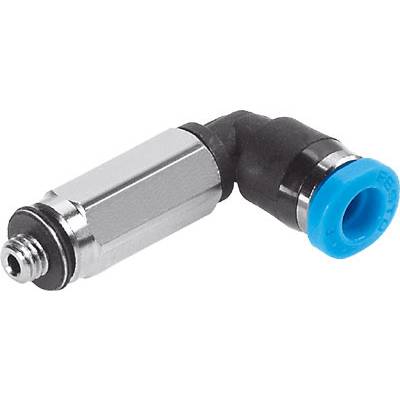Metallischer Rohrverbinder mit einem Winkel von 90 Grad, teilweise metallisch, teilweise blau. Verwendet in hydraulischen Systemen.