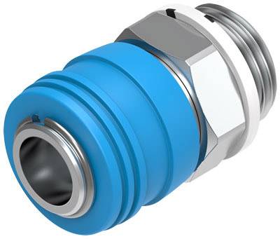 Ein blauer Steckverbinder mit silberfarbenen Metallteilen, häufig in pneumatischen Systemen verwendet zur schnellen Verbindung von Schläuchen.
